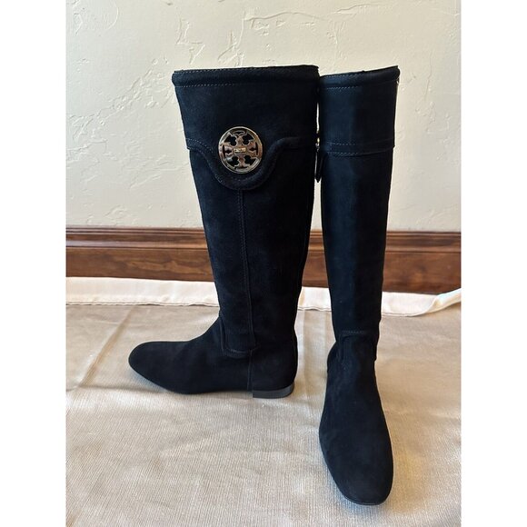 NEW w/o Box TORY BURCH Selma Black Suede Logo Riding Boot Sz 6.5 Knee‎ High - Picture 1 of 12